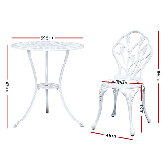 Gardeon 3PC Outdoor Setting Bistro Set Chairs Table Cast Aluminum Patio Furniture Tulip White