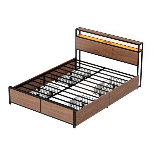 Artiss Metal Bed Frame Double Size with 2-Tier Storage Headboard Metal Platform with 4 Storage Drawers Built in Charging Station & LED Noise-Free/Metal Support/No Box Spring Needed Vintage Brown