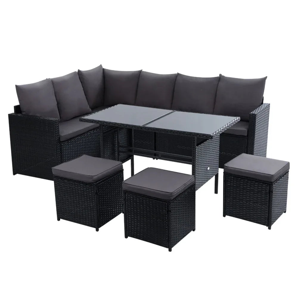 Gardeon Outdoor Furniture Dining Setting Sofa Set Lounge Wicker 9 Seater Black - Mekamart Australia