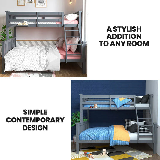 Kingston Slumber Bunk Bed Triple Wooden Single Over Double Beds for Kids, Solid Pine Wood, Convertible Design, Grey - Mekamart Australia