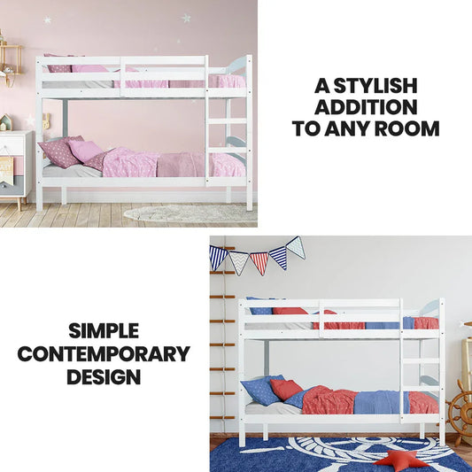 KINGSTON SLUMBER Single Bunk Bed Frame, Solid Pine 2-in-1 Modular Design, White - Mekamart Australia