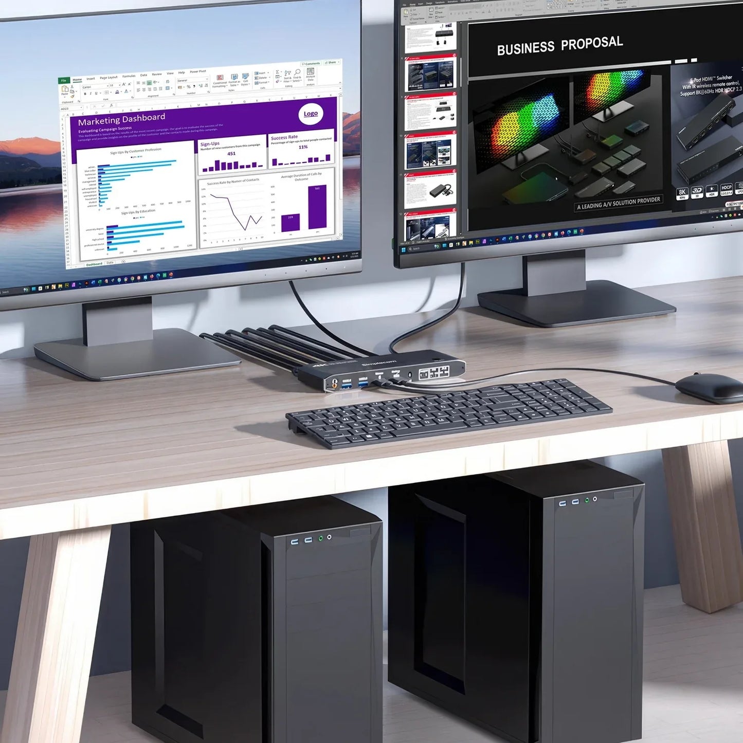 Simplecom KM430 Dual HDMI Monitor KVM Switch for 2 Computers with 4-Port USB Hub 4K@60Hz Keyboard Hotkey - Mekamart Australia