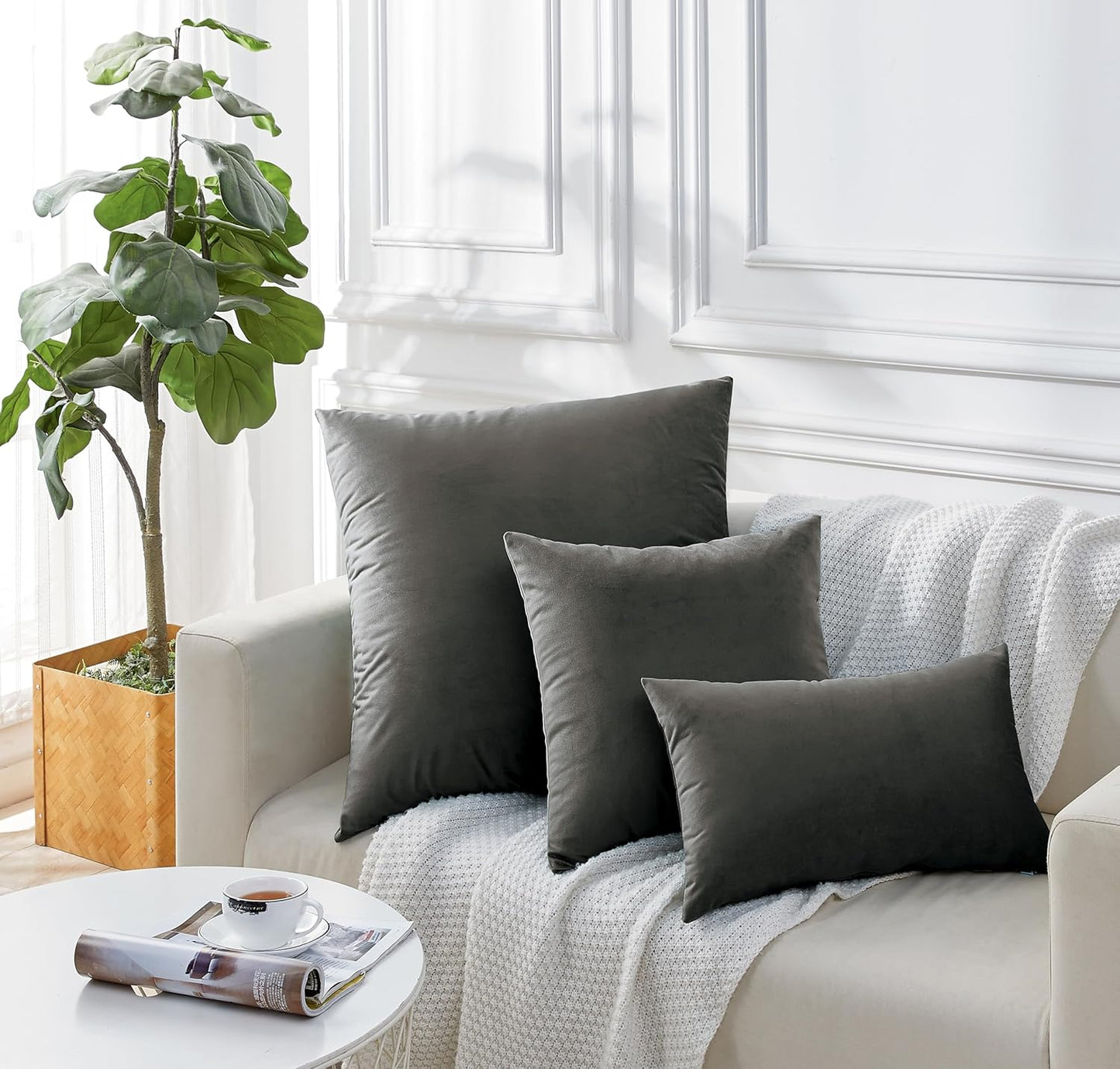 Twin-Pack Velvet Cushion Covers - Soft Microfibre Cushion Covers with Hidden Zipper (Dark Grey, 30cm*50cm)