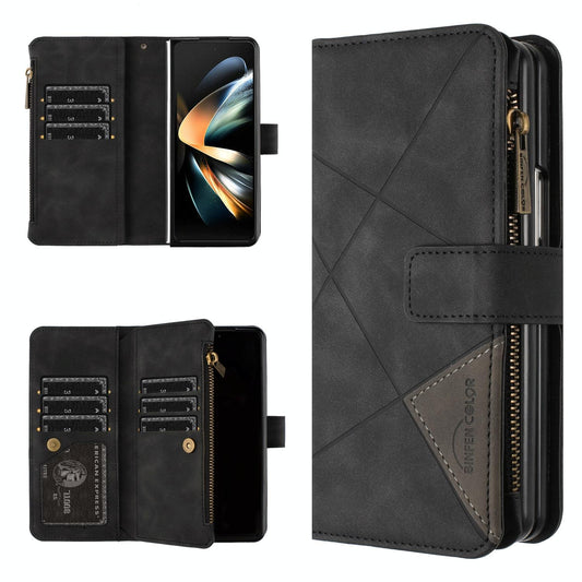 For Samsung Galaxy Z Fold4 5G Leather Zip Wallet With Rhombus Texture - Black
