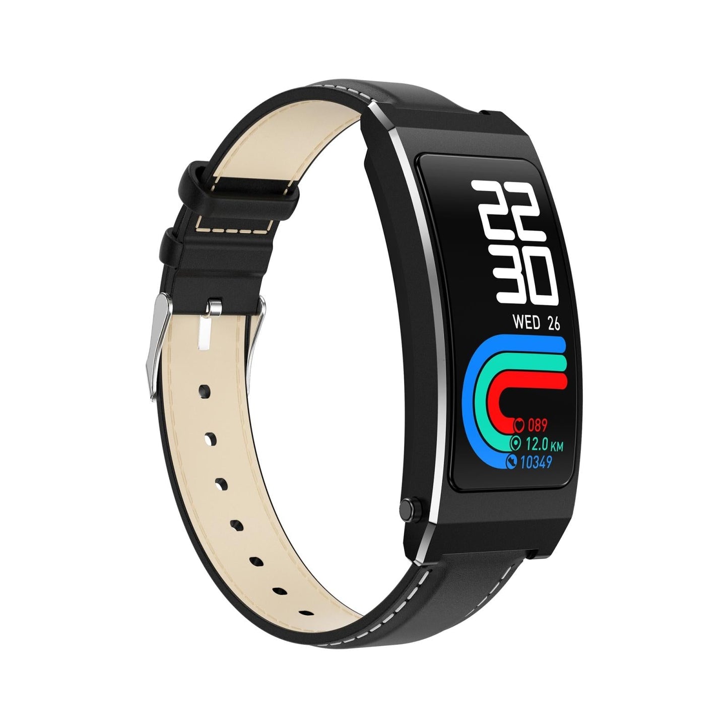 Smart Health Monitoring Bracelet With Bt Call And Leather Strap - Black Leather Strap