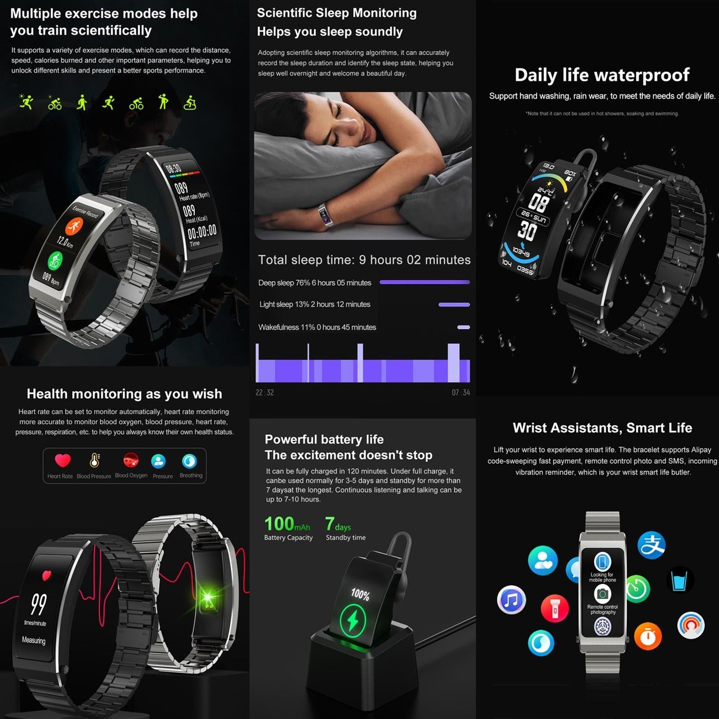 Smart Health Monitoring Bracelet With Bt Call And Leather Strap - Black Leather Strap