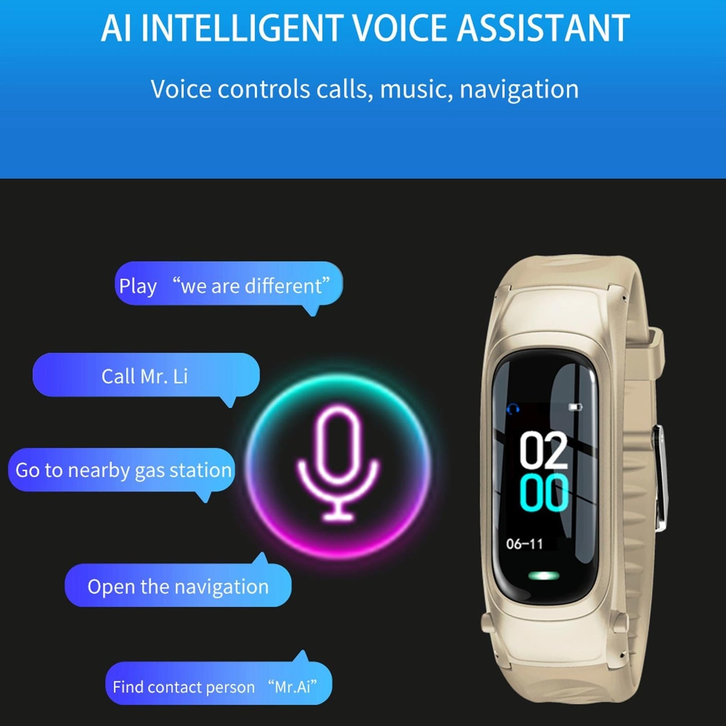 Smart Bracelet With Ai Voice Sleep & Heart Rate Monitoring Call Rejection - Gold