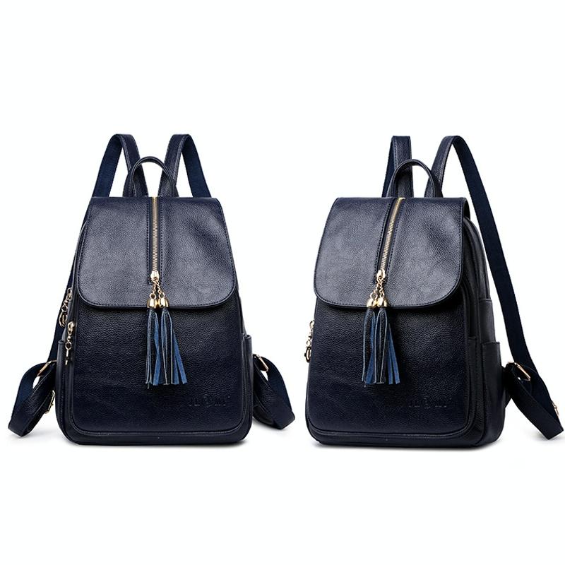 Leather Travel Backpack - Anti-theft Compact - Blue