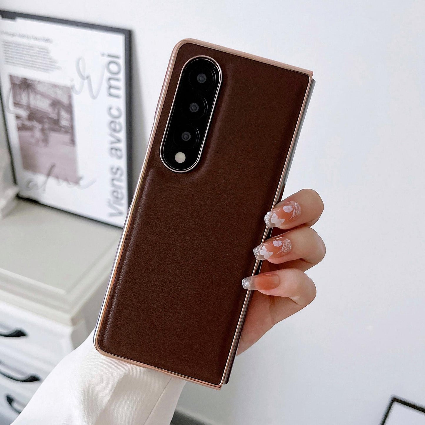 For Samsung Galaxy Z Fold4 5G Xiaoya Series Genuine Leather Plating Case - Coffee