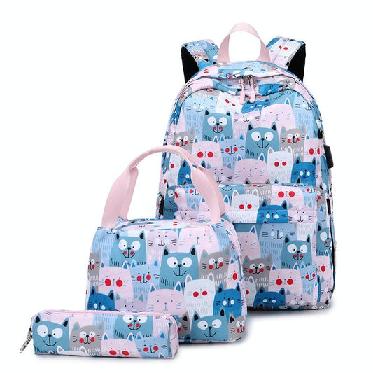 Student Backpack Set - Printed Design - Pink