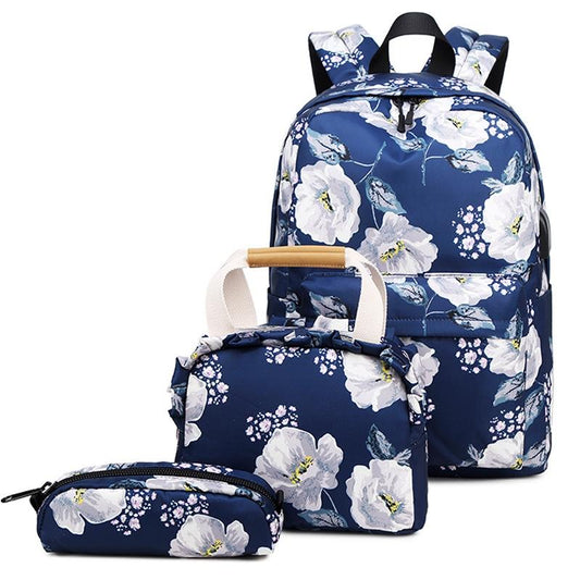 Small Fresh Printed Backpack Set - 3 Pieces for Students - Dark Blue