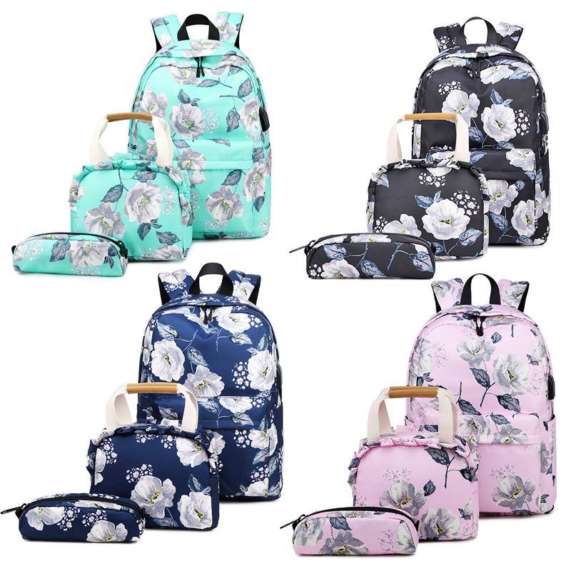 Small Fresh Printed Backpack Set - 3 Pieces for Students - Dark Blue