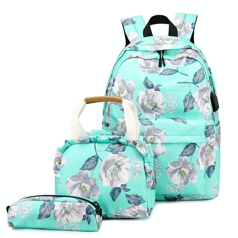 Small Fresh Printed Backpack Set - 3 Pieces for Students - Dark Blue