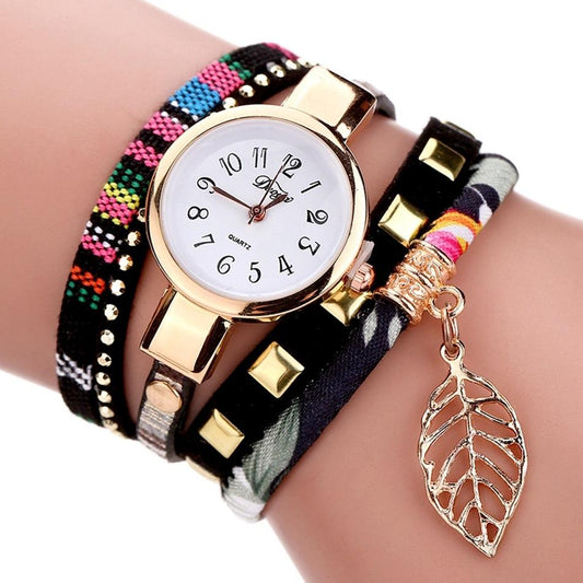 Leaf Pendant Quartz Bracelet Watch for Women - Black