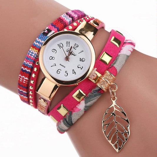 Leaf Pendant Quartz Bracelet Watch for Women - Black