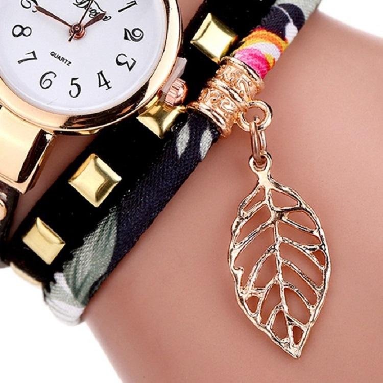 Leaf Pendant Quartz Bracelet Watch for Women - Black