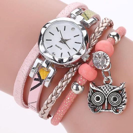 Owl Pendant Bracelet Watch for Women - Small Dial - Pink
