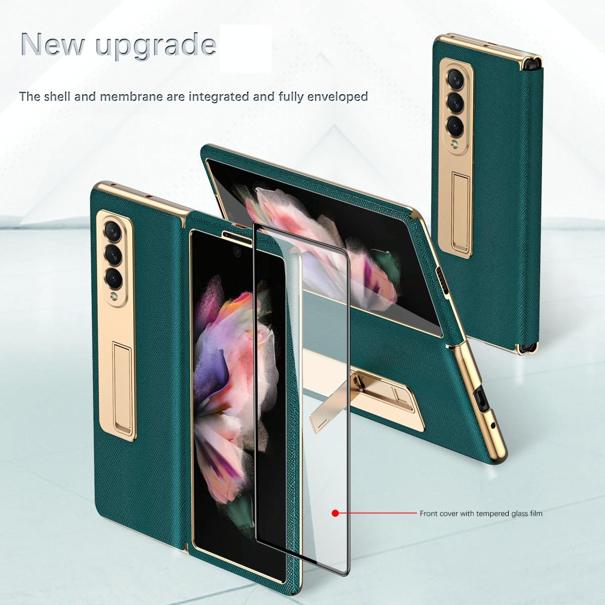 For Samsung Galaxy Z Fold4 5G Flip Case With Tempered Film - Textured Hinge - Cyan