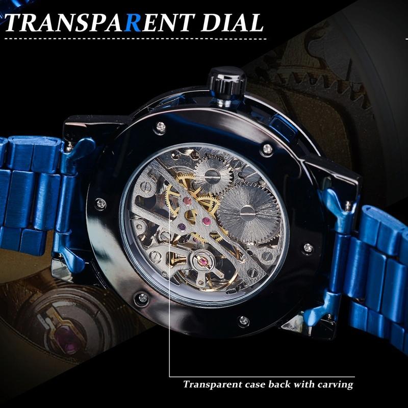 Men Skeleton Diamond Mechanical Watch - Luminous Pointer - Silver Belt Silver Shell Blue Face