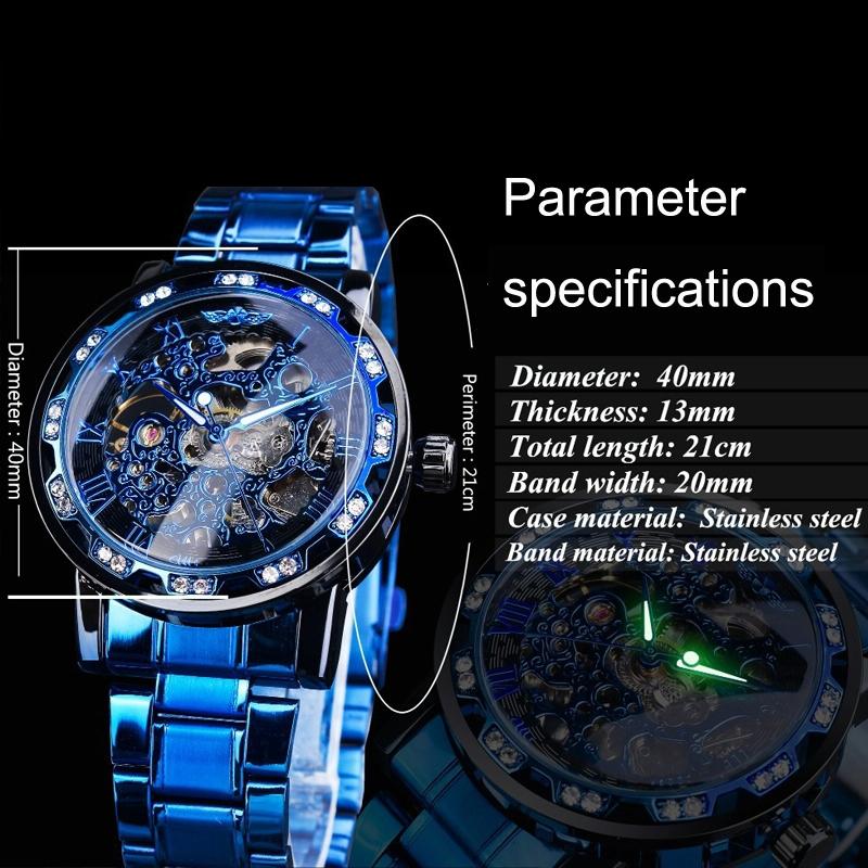 Men Skeleton Diamond Mechanical Watch - Luminous Pointer - Silver Belt Silver Shell Blue Face