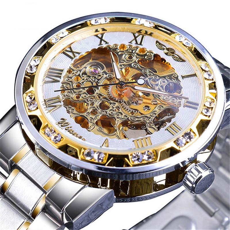 Men Skeleton Diamond Mechanical Watch - Luminous Pointer - Silver Belt Silver Shell Blue Face