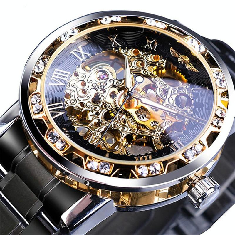 Men Skeleton Diamond Mechanical Watch - Luminous Pointer - Silver Belt Silver Shell Blue Face
