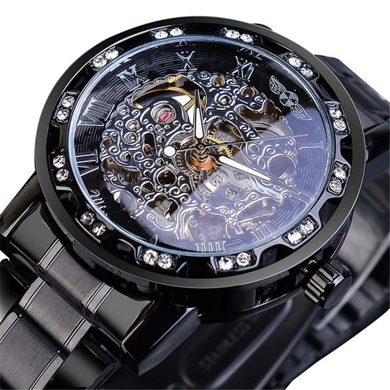 Men Skeleton Diamond Mechanical Watch - Luminous Pointer - Black Belt Black Shell Blue Face