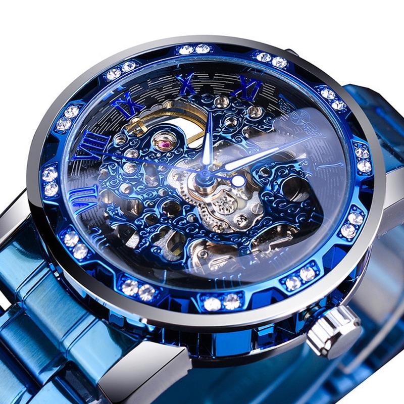 Men Skeleton Diamond Mechanical Watch - Luminous Pointer - Black Belt Black Shell Blue Face