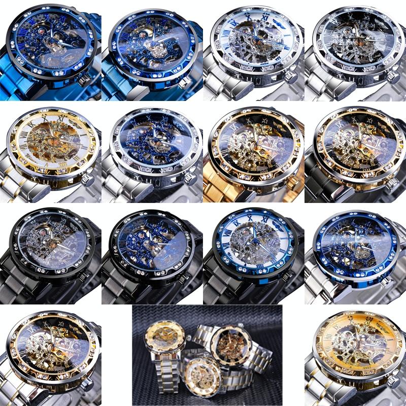 Men Skeleton Diamond Mechanical Watch - Luminous Pointer - Silver Belt Silver Shell Gold Face