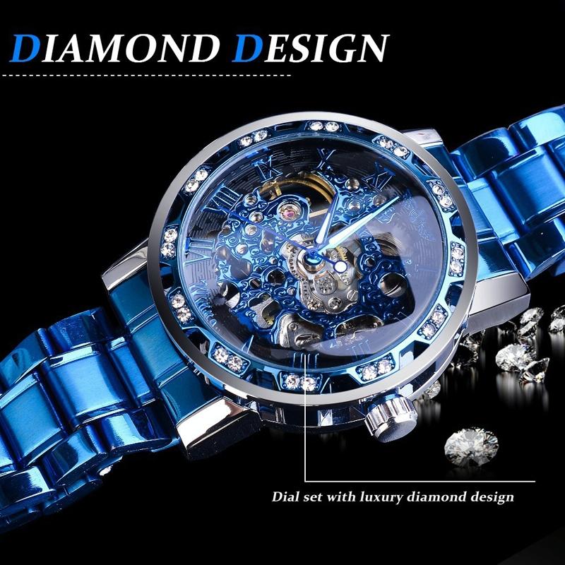 Men Skeleton Diamond Mechanical Watch - Luminous Pointer - Silver Belt Silver Shell Gold Face