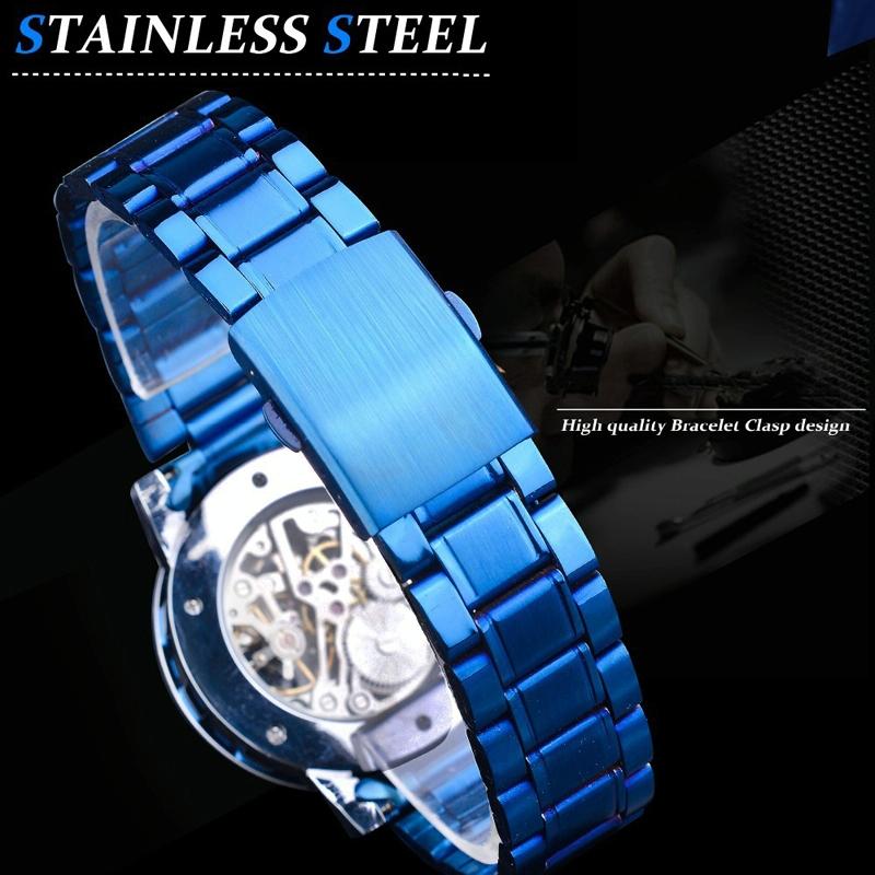 Men Skeleton Diamond Mechanical Watch - Luminous Pointer - Silver Belt Silver Shell Gold Face