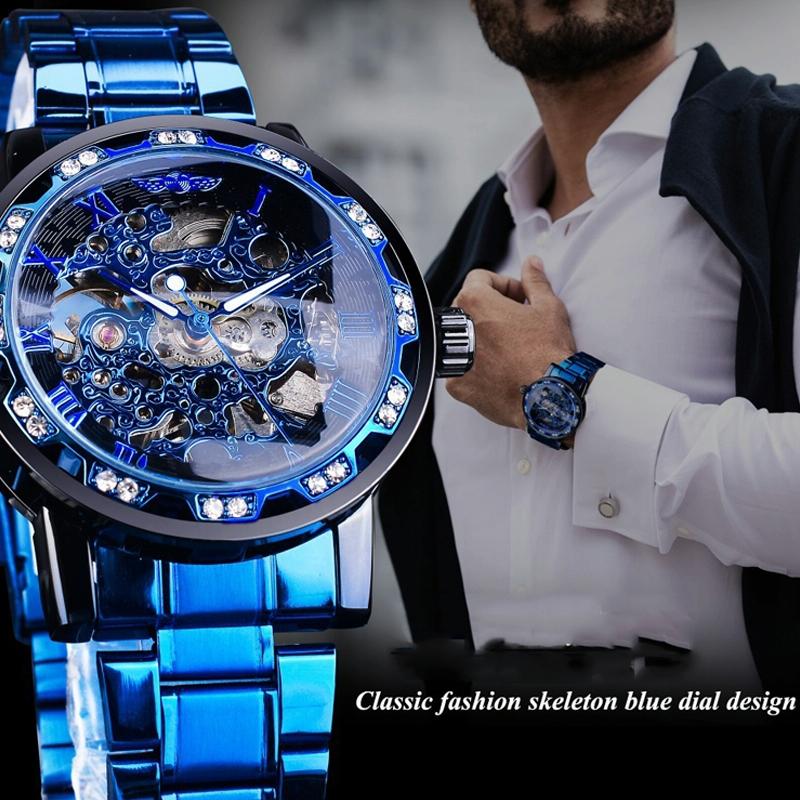 Men Skeleton Diamond Mechanical Watch - Luminous Pointer - Silver Belt Silver Shell Gold Face