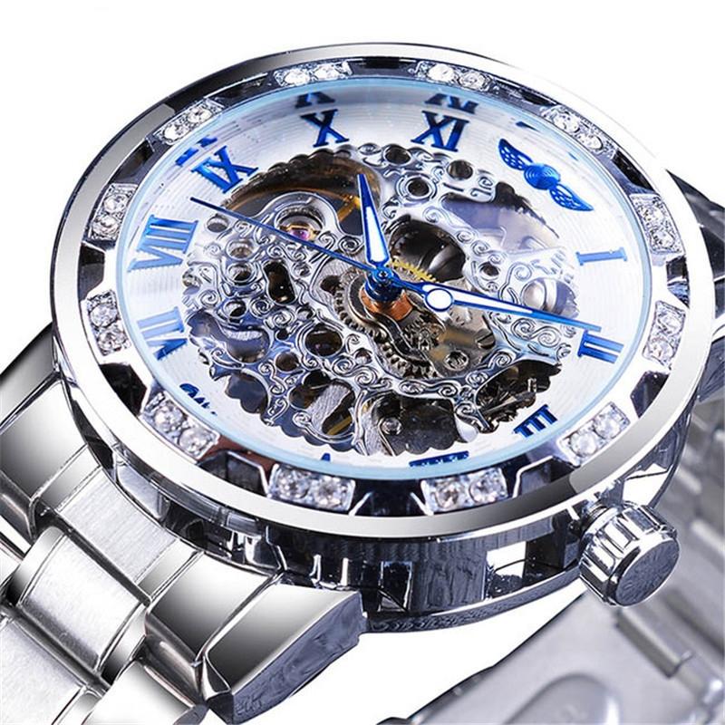 Men Skeleton Diamond Mechanical Watch - Luminous Pointer - Silver Belt Silver Shell Gold Face