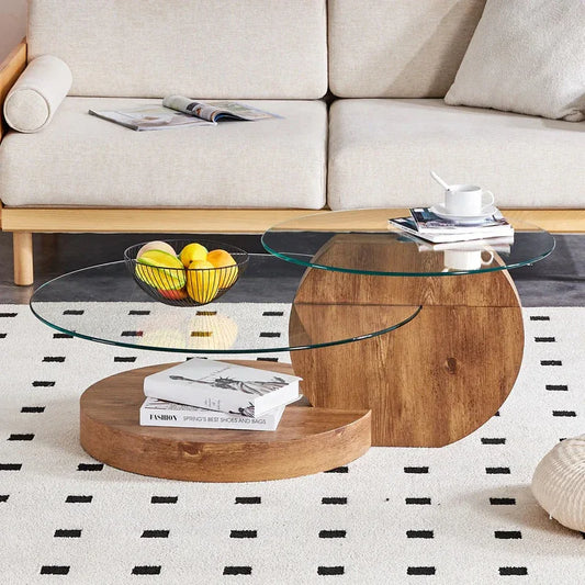 'MINORI' Double Layer Clear Tempered Glass Dark Wood Grain Coffee Table - Mekamart Australia