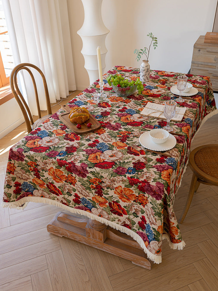 Floral Cotton Linen Tablecloth | Vintage Style Country Garden Design, 100*160cm