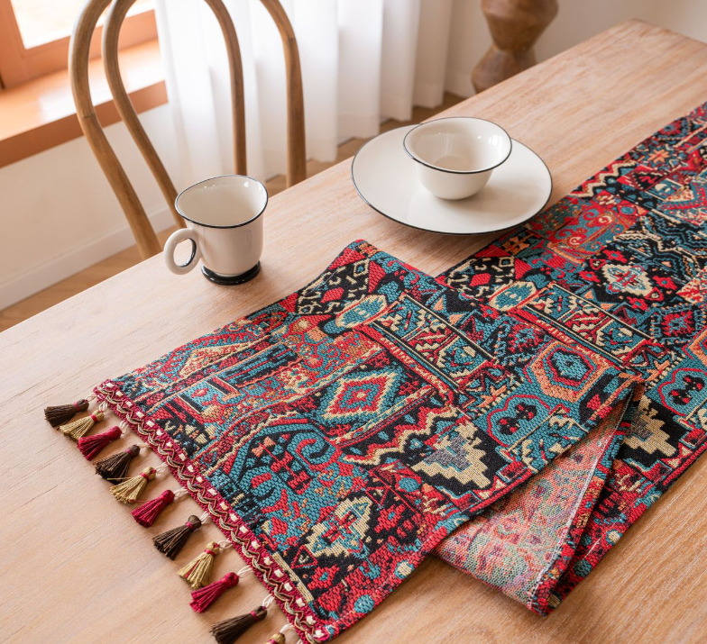 Two Orioles in Jacquard Rice 33-180cm Elegant Geometric Jacquard Table Runner with Tassels - Modern Dining & Coffee Table Decor