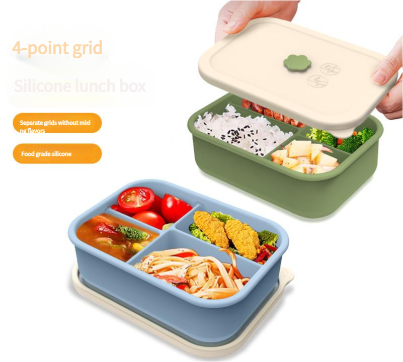 Gray Microwave-Safe Silicone Lunch Box with 4 Compartments - Airtight Bento Box for Work and Travel