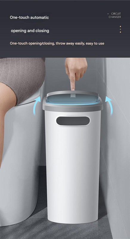 Slim Press-Top Trash Can with Top Storage Compartment - Narrow Design for Bathroom & Small Spaces(White cover + ash bucket)