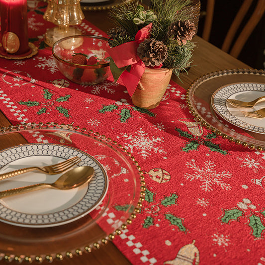 Red Christmas Table Runner with Tassels - Festive Snowflake & Bell Print (35*220cm)