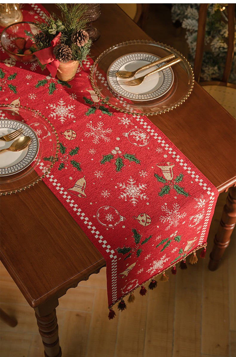 Red Christmas Table Runner with Tassels - Festive Snowflake & Bell Print (35*240cm)