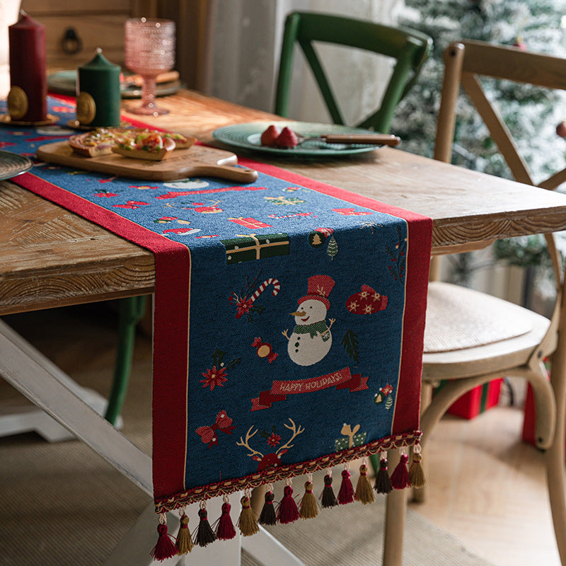 Blue Christmas Festive Table Runner - Blue with Snowman, Reindeer and Happy Holidays (35*240cm)