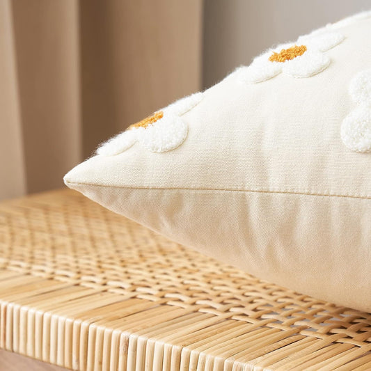 Beige and Khaki Charming 3D Daisy Embroidered Canvas Cushion Covers - Set of 2, 45x45cm Soft Textured Decorative Pillowcases