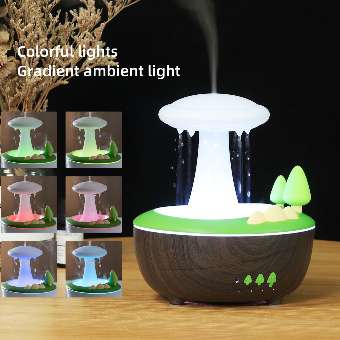 Light Woodgrain Raindrop Mushroom Aroma Diffuser - 280mL Ultrasonic Humidifier with Colorful Lights