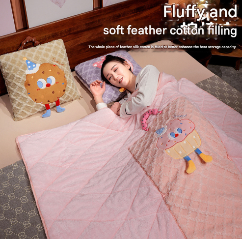 Purple Cartoon Cookie Pillow Blanket 2-in-1 for Winter Car and Office Use