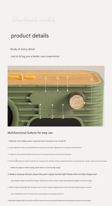 Retro Bluetooth Speaker with 10W Wireless Charger, Digital Clock & Aroma Diffuser Function(green)