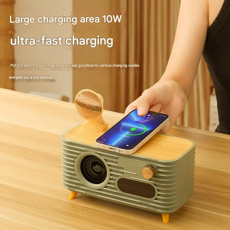 Retro Bluetooth Speaker with 10W Wireless Charger, Digital Clock & Aroma Diffuser Function(green)