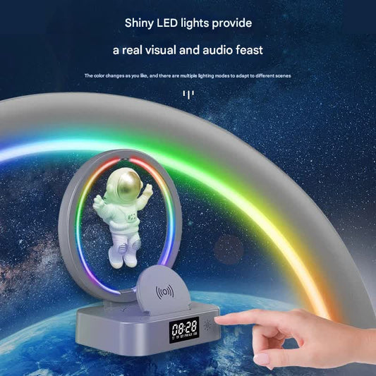 Astronaut Levitating Bluetooth Speaker Lamp - Wireless Charging, RGB Light, Clock, FM Radio & Multi-Input(White silver)