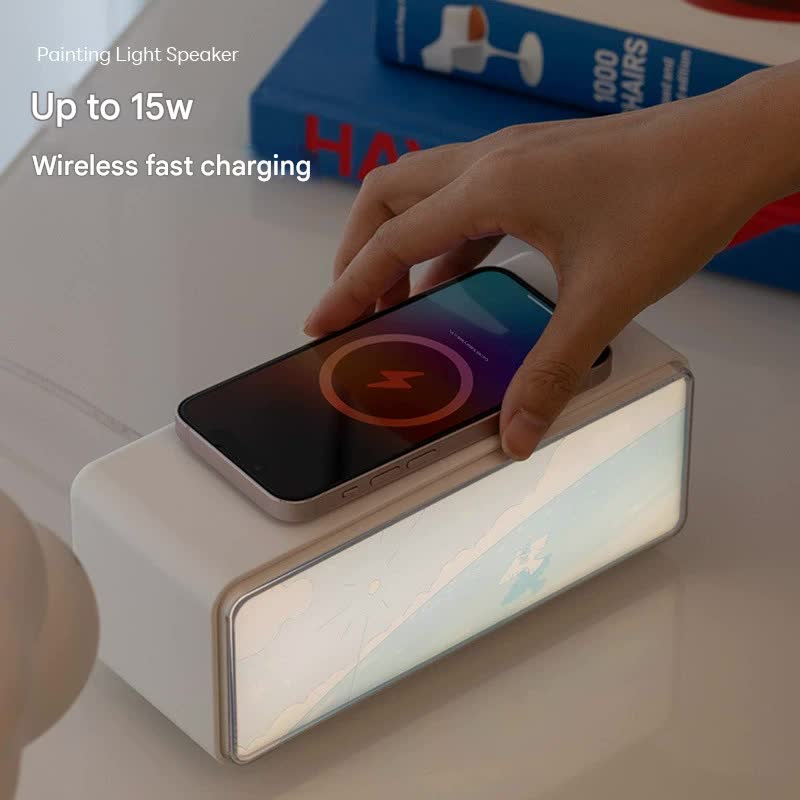 3-in-1 Painting Light Speaker with 15W Wireless Charger & White Noise - Bluetooth, Dimmable Night Light(Pink)