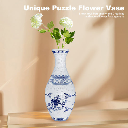 Unique 3D Puzzle Vase with Built-in Water Holder - Fun DIY Project (Blue and White)