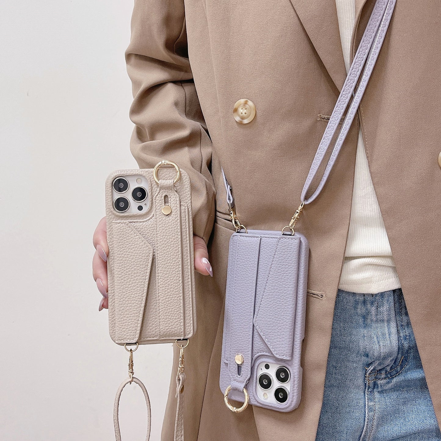 Beige Chic PU Leather Crossbody Wallet Case for iPhone 16 Pro Max - Card Holder with Detachable Strap & Finger Ring Grip